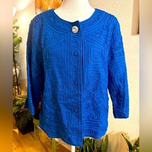 Joni B. Artsy 3/4 Sleeve Blue Statement Cardigan Jacket size LP